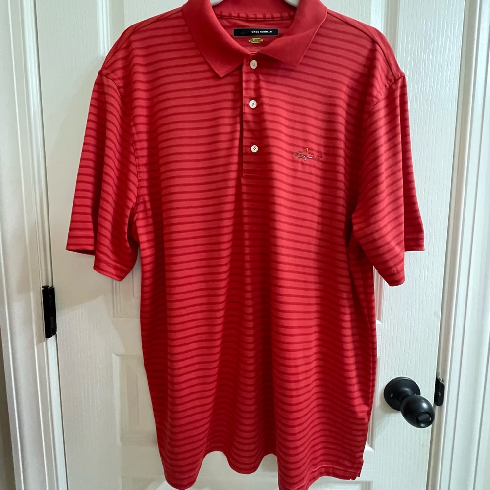 Greg Norman PlayDry Short Sleeve Golf Polo. Sz Large. Red on Red stripe